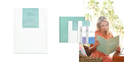 Bag of Nora's Naturals coffee (left) and woman reading literature from Nora's Naturals with superimposed products to her left (right)
